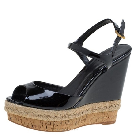 Gucci Shoes - Gucci "Hollie" Black Patent Wedge Sandals Size 38